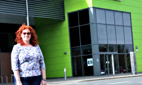 Cllr Karen Holmes outside Perdiswell Leisure Centre