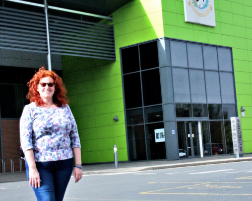 Cllr Karen Holmes outside Perdiswell Leisure Centre