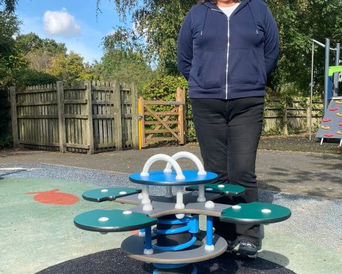 Cllr Murray and the new Four Way Rocker in Caister Avenue Play area